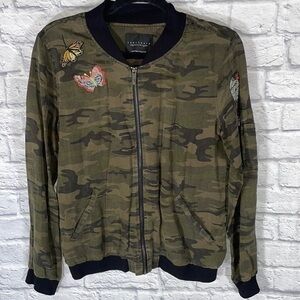 Anthropologie Sanctuary Camo Boho Butterfly Bird Embroidered Zip Bomber Jacket